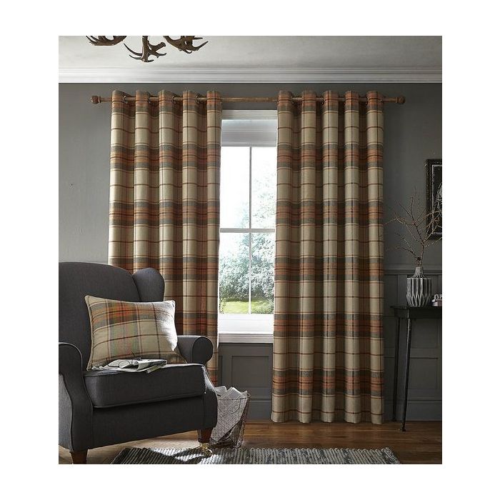 Brushed Heritage Check Orange Lined Curtains With Eyelets
