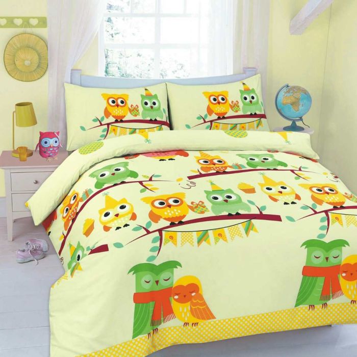 Cute Owls Duvet Cover Pillowcase Set In Lemon Yellow - Owl Nursery Bedding Yellow Cute Owls Duvet Cover Pillowcase Set In Lemon Yellow - Owl Nursery Bedding Yellow