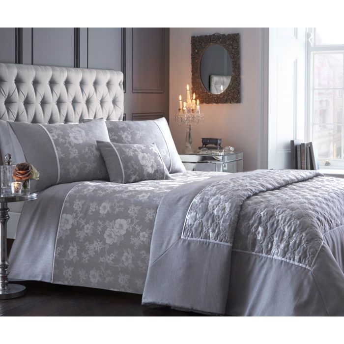 Floral Jacquard Grey Bedding Sets Throw Or Filled Cushion